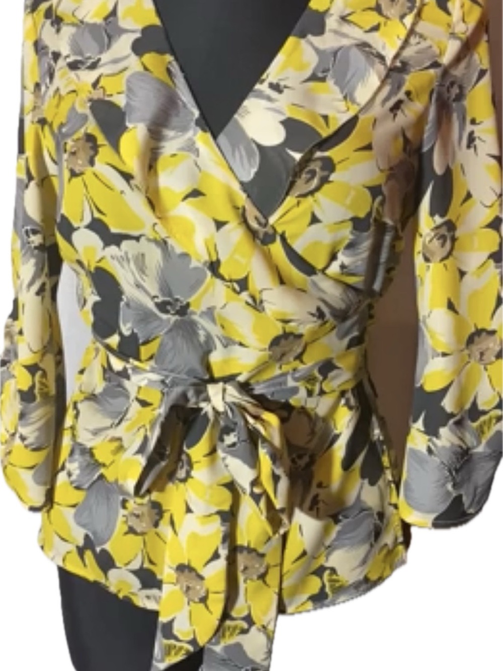 Ann Taylor Floral Wrap Blouse in Yellow and Gray - Women's Top